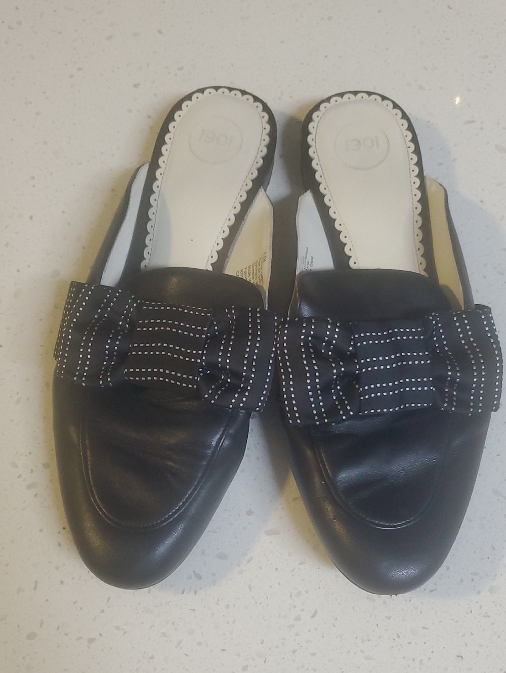 1901 Black Leather Slip-On Mules with Bow Accents, Size 8.5M